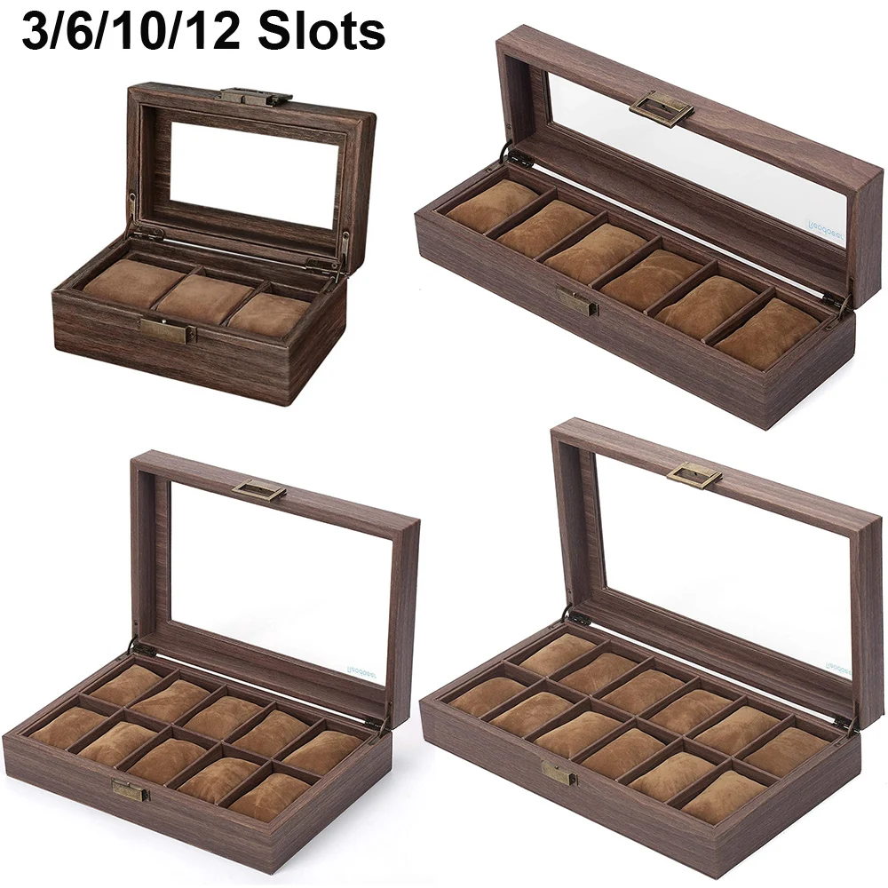 3/6/10/12 Slot Pu Leather Watch Box Protable Travel Watch Case Storage Vintage Wood Colour Buckle Watch Stand Jewelry Organizer