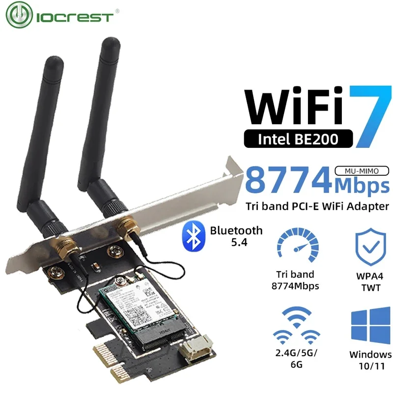 

IOCREST Беспроводная сетевая карта Wi-Fi 7 Intel BE200 PCI-E Bluetooth 5,4 трехдиапазонный 2,4G, 5G и 6 ГГц, 8774 Мбит/с, чип BE200NGW 802.11be