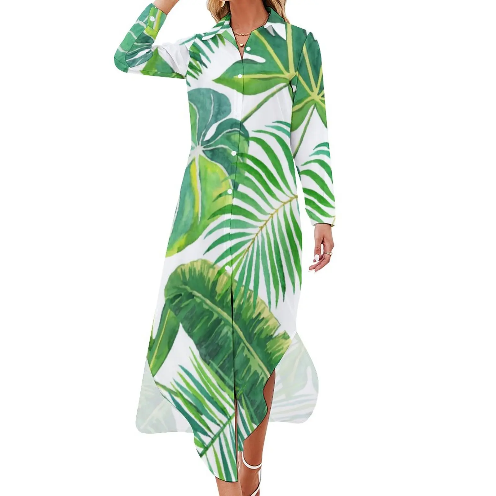 Tropical Leaves Casual Dress Hawaii Beach Modern Street Style Dresses V Neck Trendy Chiffon Dress Long Sleeve Clothing Big Size