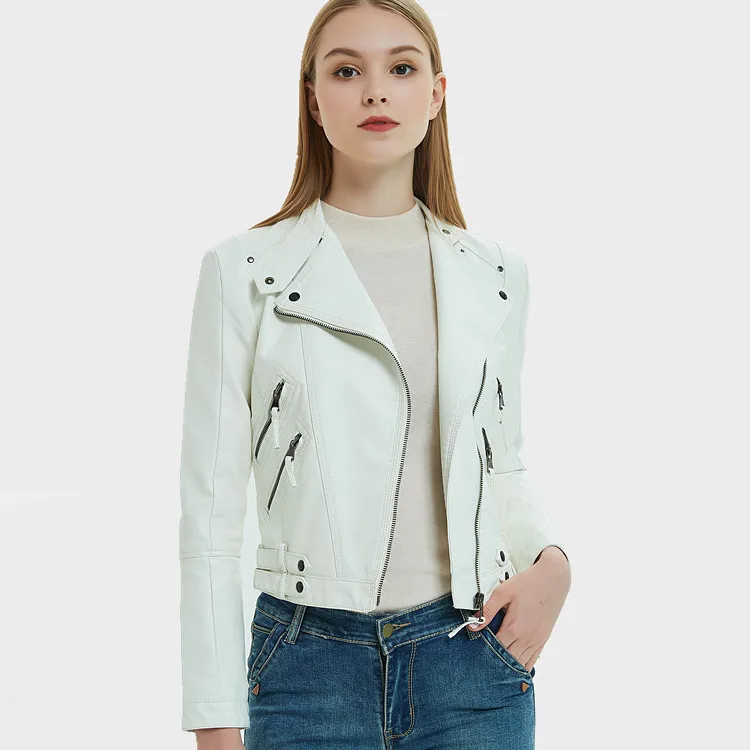 Manteau de moto en cuir délavé PU pour femme, col montant, coupe ajustée, fermeture éclair, polyvalent, nouveau, achat 2024, automne