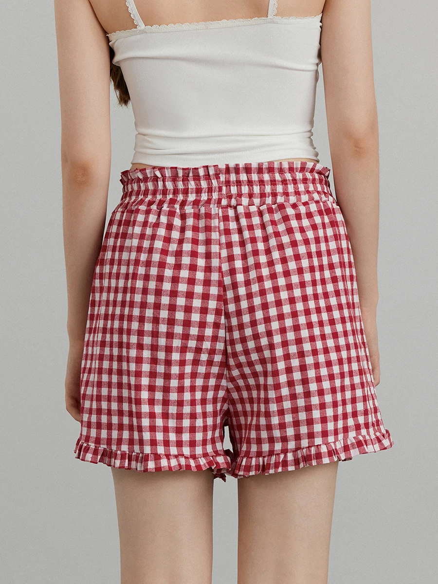 Short à carreaux décontracté pour femme, coupe adt, taille élastique, froncé, bordure à volants, pantalon court, short de salon