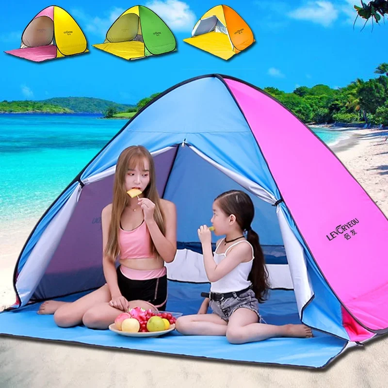 2Second Quick Open Fully Automatic Beach Tent UV Protection Sunshade Pop Up Waterproof Silver Coated Steel Pole 145*160*115CM