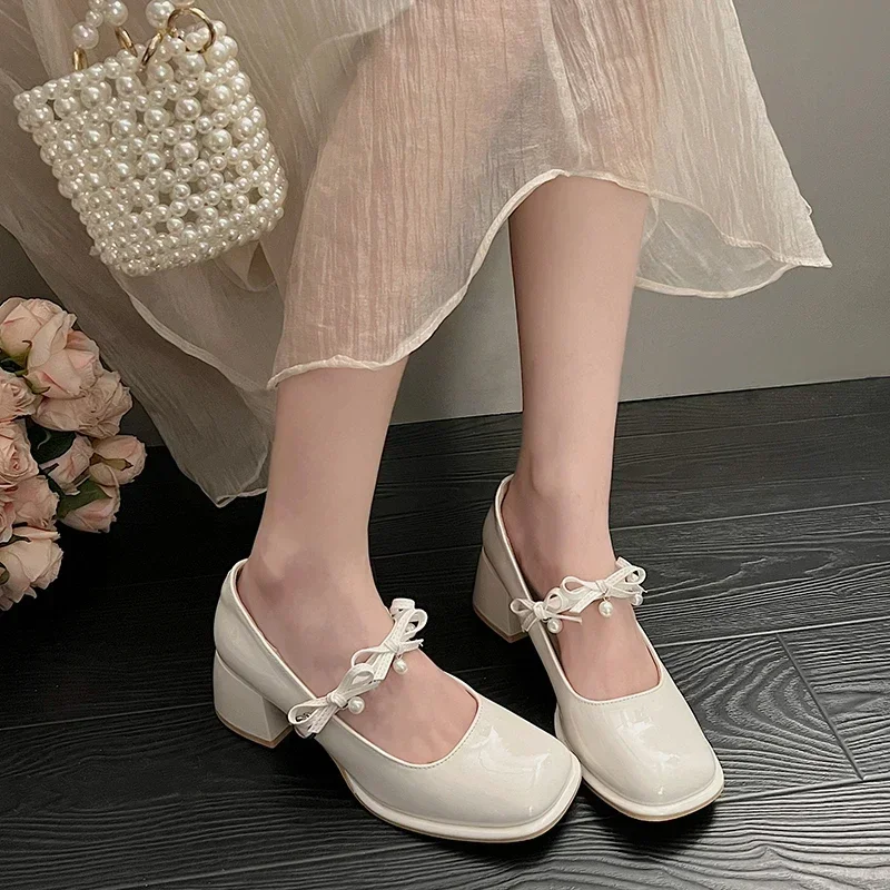 Luxury Pearl Designer Square Toe Mary Jane Shoes Women 2024 Sweet Bow Solid Color Shallow Mouth Outdoor Party Dress High Heels