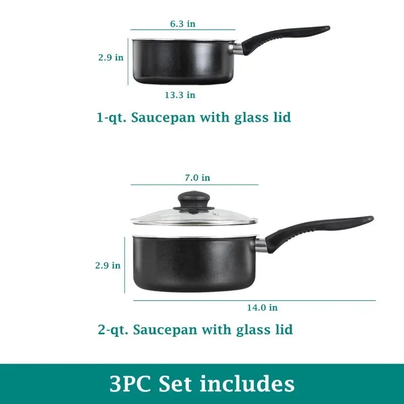 Mainstays 3 Piece Non-Stick Sauce Pans, Black, Set Includes 1Quart & 2Quart Sauce Pan with Single Lid