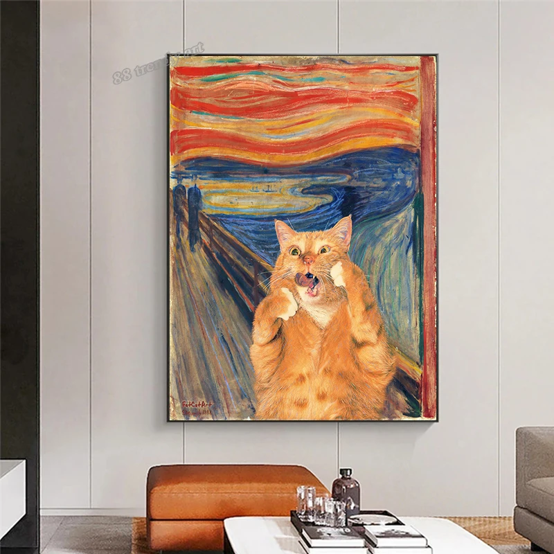 Abstract Art Screaming Cat Canvas Paining Funny Animals Posters Scream Cat Dog Wall Art Hanging Picture for Home Decor Cuadros