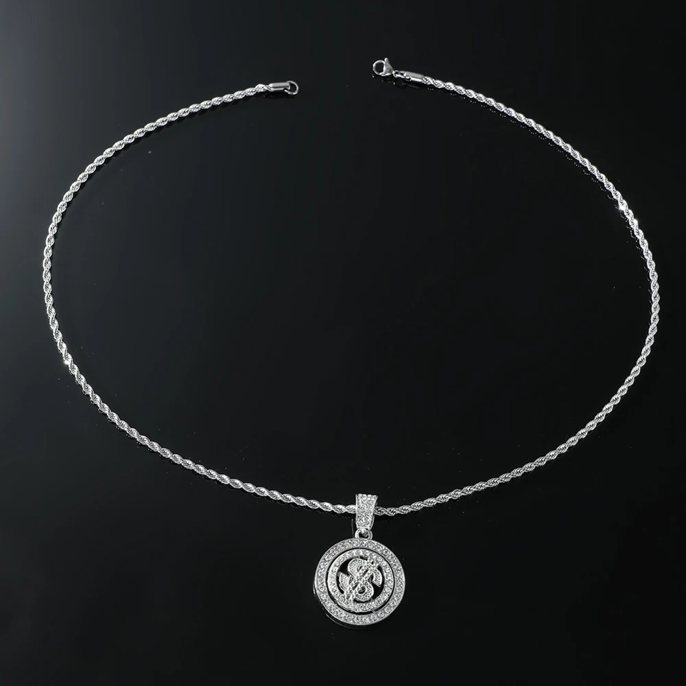 Hip Hop New Bling Rhinestone Dollar Pendants Necklace Rotatable US Dollar Money Sign Necklaces Men Hiphop Rap Rock Jewelry Gift