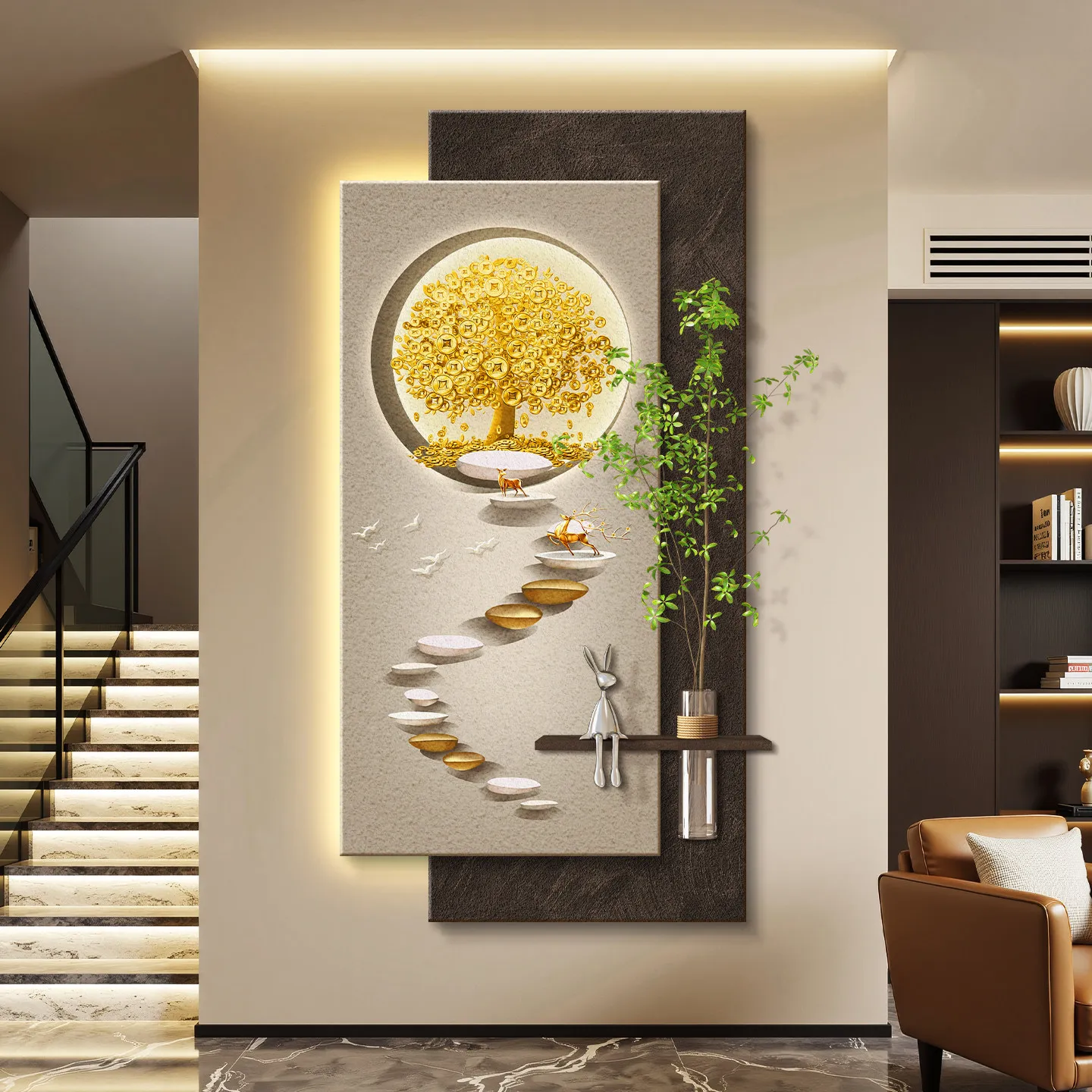 Light luxury LED with lights entering the entrance, decorative paintings in the foyer, hanging murals in the corridors and corri