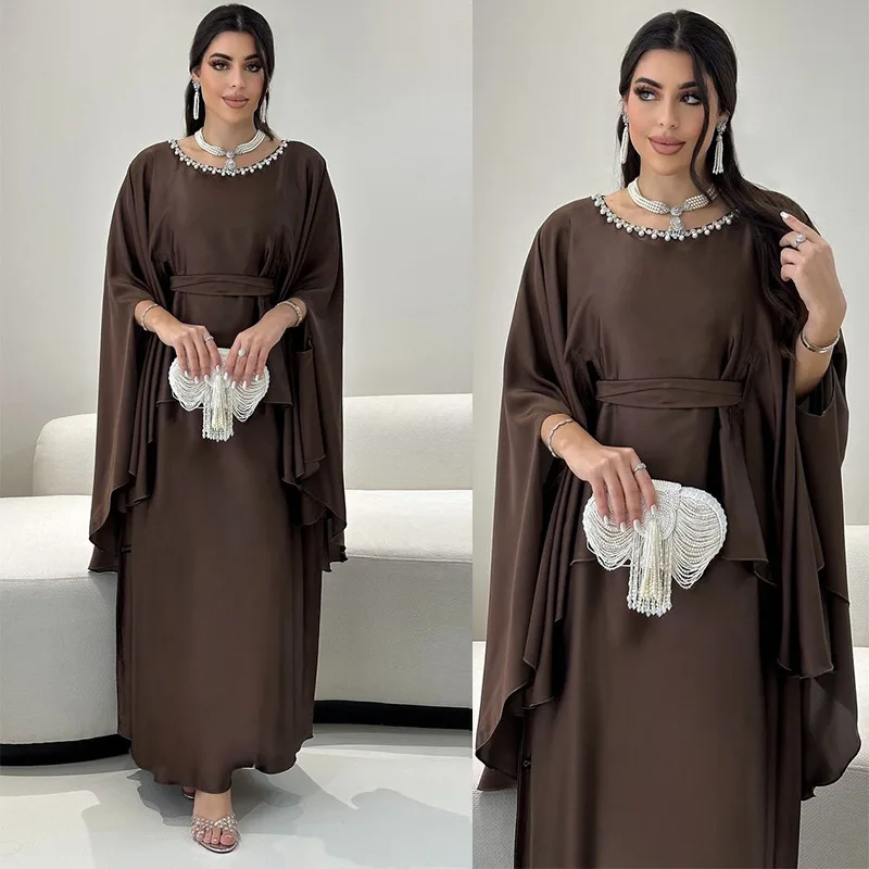 

IntricatelyBeaded Abaya Handcrafted Beaded Embellished Abaya Faux Double Layered Abaya Adjustable Cinched Waistline Dress