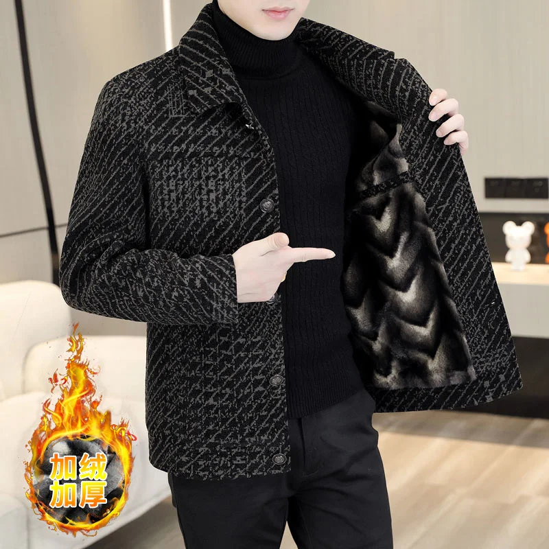 2022 Autumn Winter Striped Wool Blends Jacket Men Plush and Thicken Casual Business Short Trench Coat Social Streetwear Overcoat