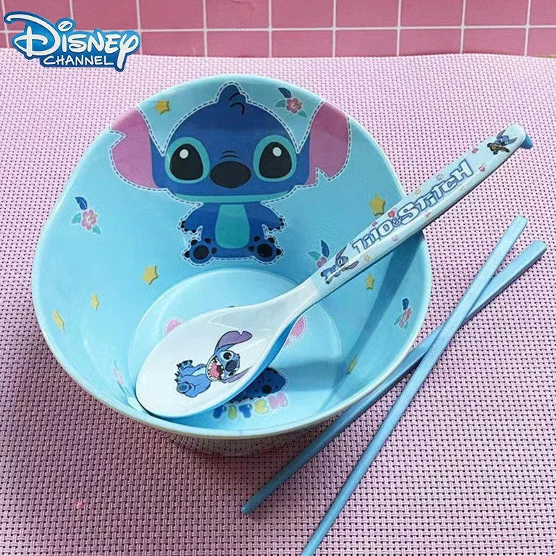 Disney Stitch Kids Bowl Spoon Set Cartoon Cute Tableware Gift Furniture Drop Resistant High Temperature Melamine Soup Bowl Spoon
