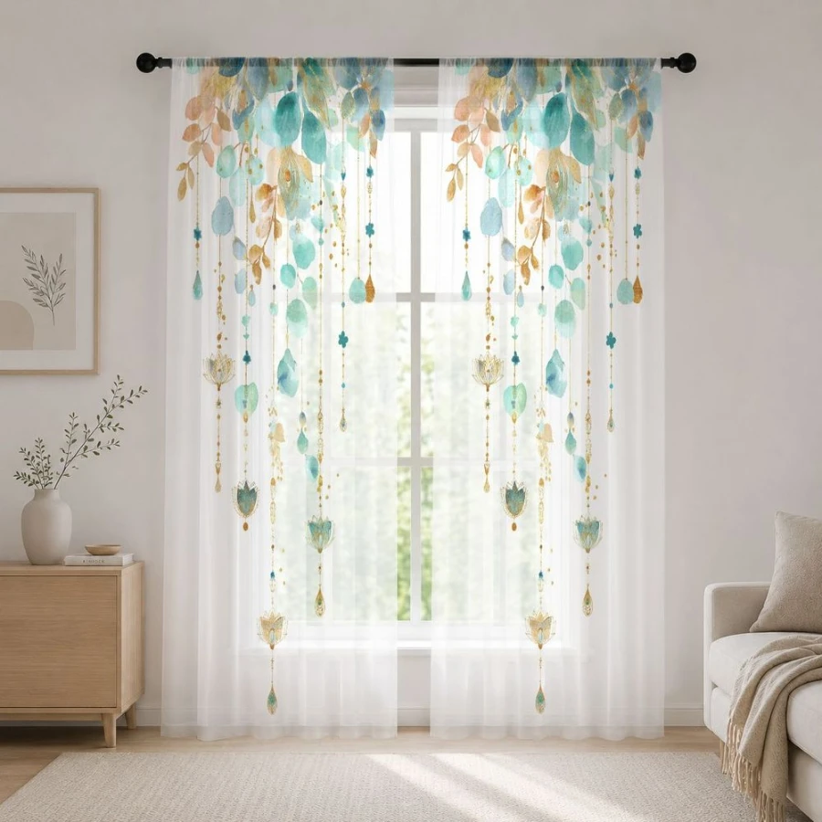 2PCS Digital Printed Sheer Curtain, Blue Green Falling Stars, Dreamy Celestial Galaxy for Living Room Bedroom Home Decor