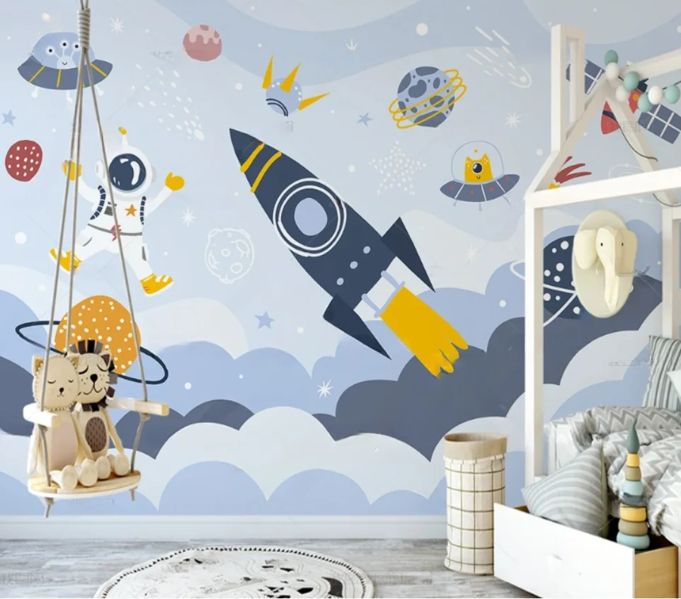 Custom size wallpaper cartoon astronaut space rocket planet children's room background wall decoration hot air balloon 3D mural
