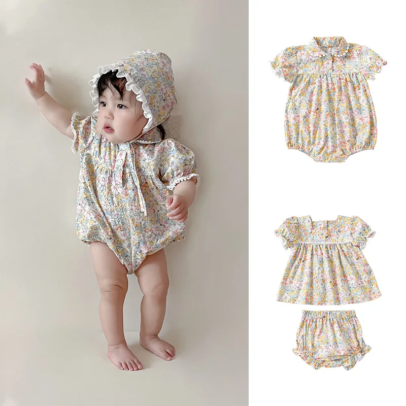 

RomperDew Summer Baby Fashionable Girls Floral Princess Bunting Baby Sweet Crawling Clothes Baby Short-sleeved Suit Rompers