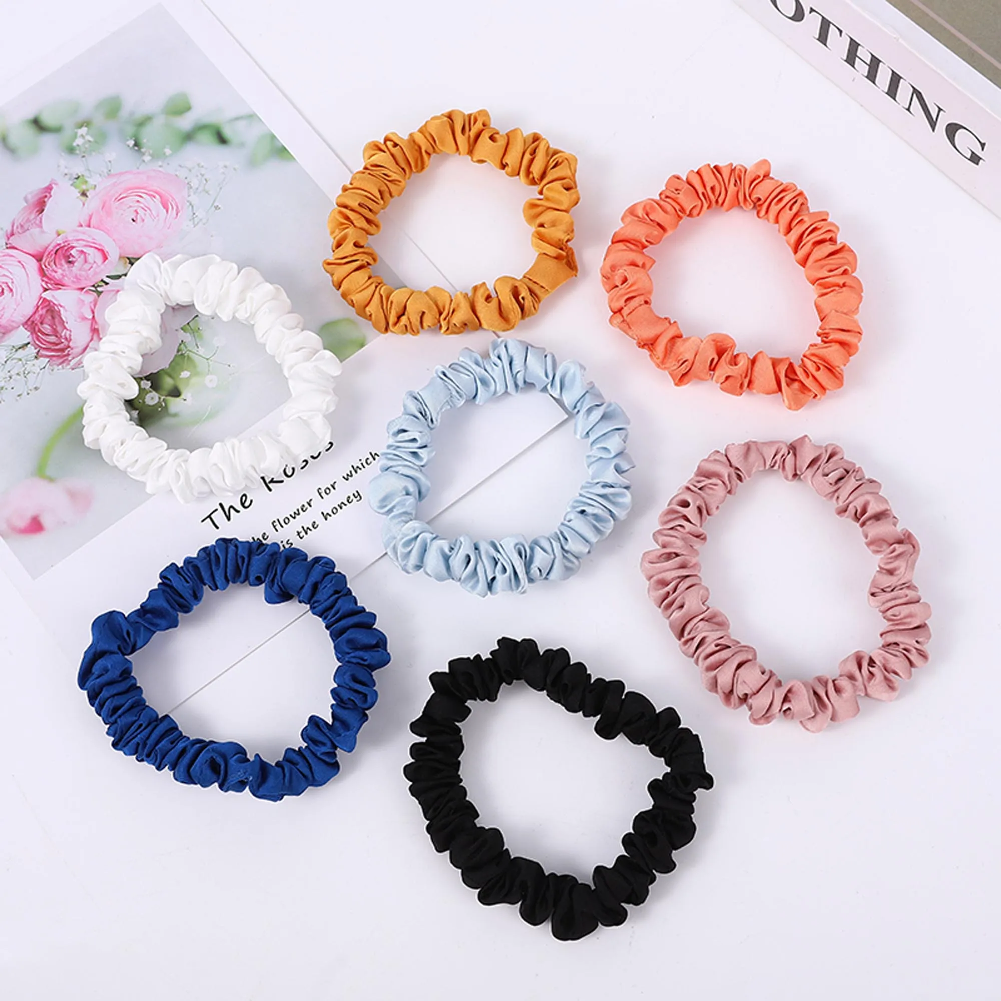 

30pcs Mini Silk Satin Scrunchies Wholesale Girls Hair Scrunchies Stretchy Elastic Rubber Band Headwear Ponytail Holder