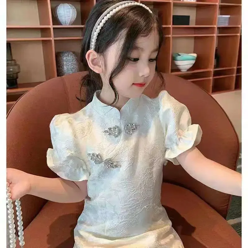 

New Chinese Style Kids Cheongsam Dress Embroidery Girls Qipao Clothes Baby Dance Party Dresses Girls Costume 7 9 11 12 14 Years