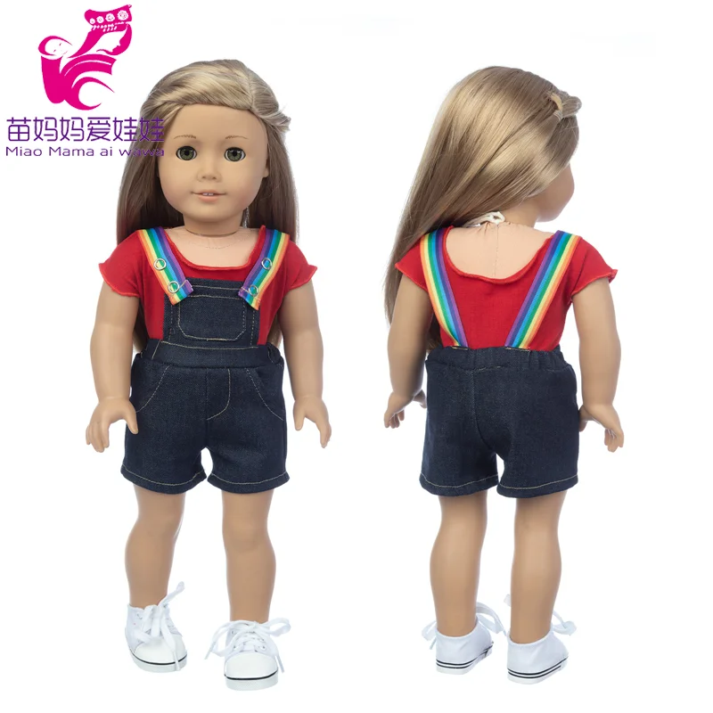 18 Inch Girl Doll Clothes Jeans Overalls Pants Summer Red Shirt Baby New Born Doll Outfits Girl Gifts