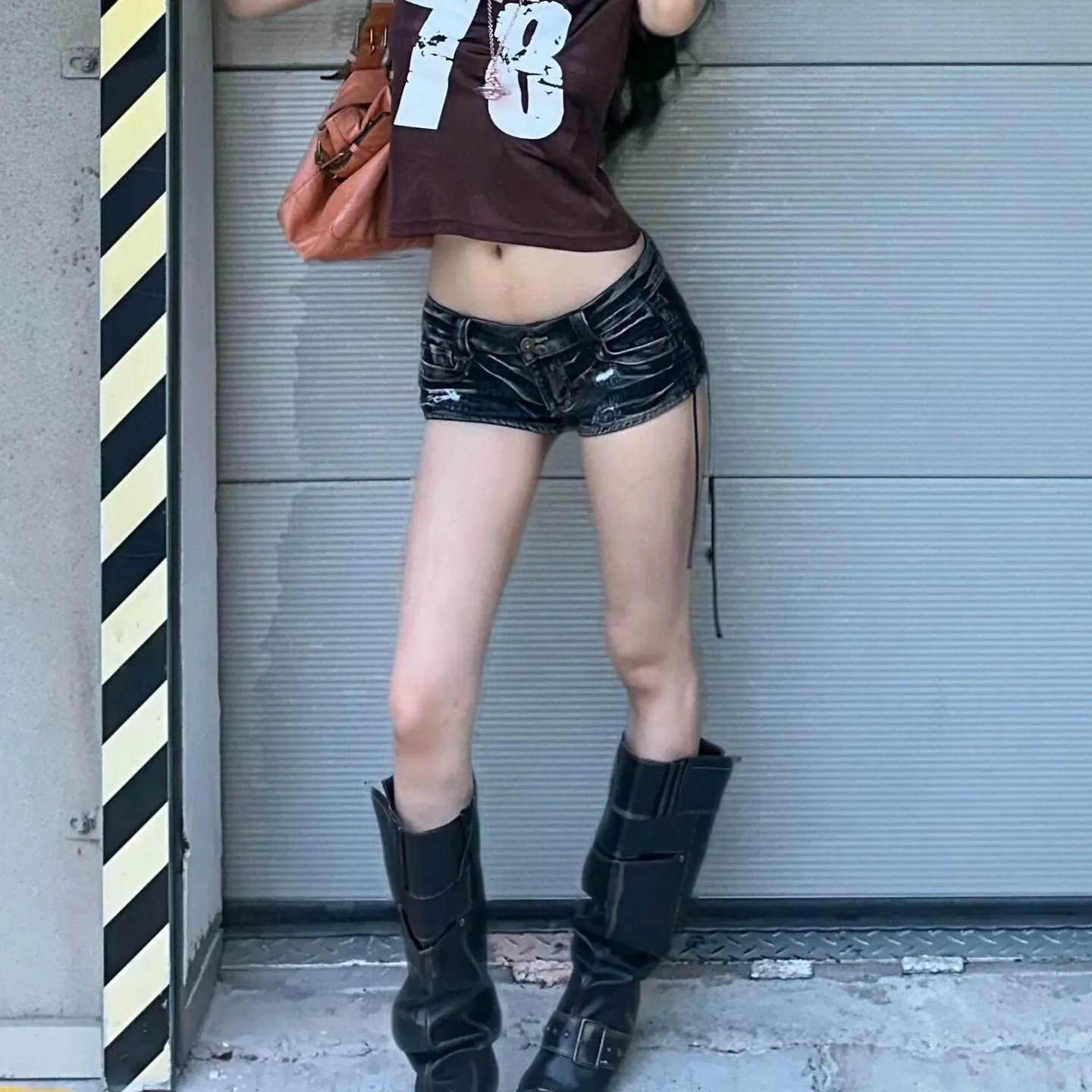 American Spice Girls Washed Black Strap Denim Shorts Women 2026 Summer Low Waist Slim Skinny Sexy Hip Wrap Hot Pants view 3
