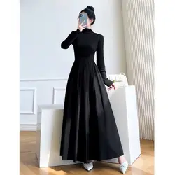 French Half-high Neck Spliced Black Dress with Winter Skirt Makes You Look Slim and High-end in Style with Autumn Long Dresses