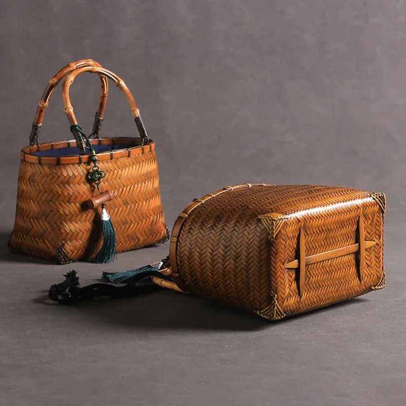 Retro Premium Woven Bag Tableware Storage Bundle Mouth Lining Style Handheld Basket Bamboo Women Bento Handle Organizer Pouch