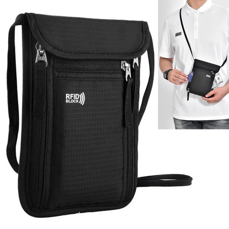 

Portable Nylon RFID Passport ID Bag Waterproof Multi-Functional ID Credit Card Holder Neck Wallet Travel Organizer Women