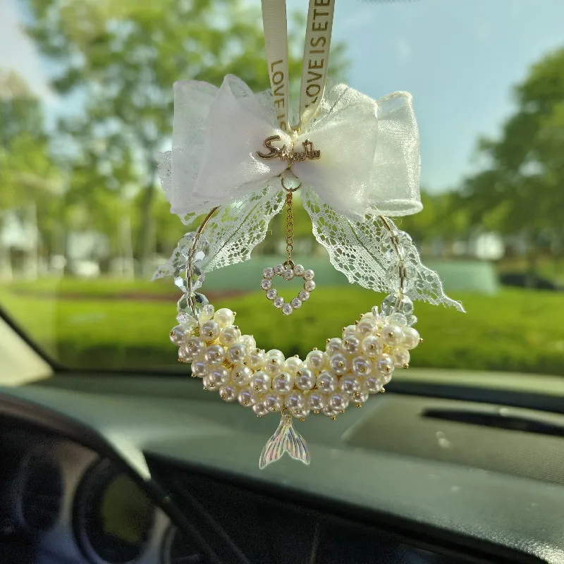 Car Pendant Lace Bow Car Rearview Mirror Pendant Ornament Light Luxury Pearl Decoration Car Supplies