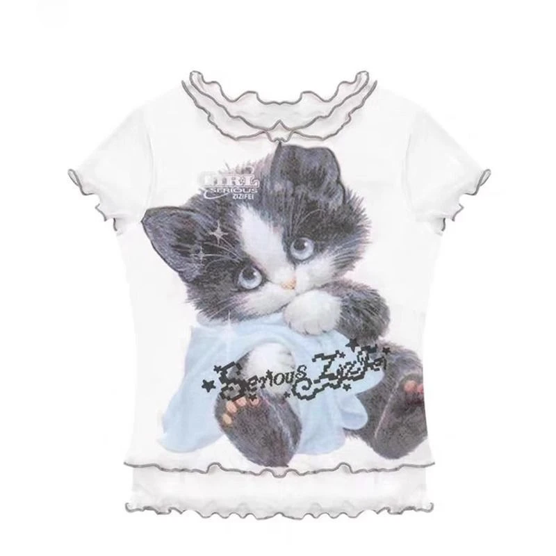 

Deeptown Kawaii Cat Print Mesh T-Shirts Women White Japanese Style Harajuku Y2k Tees Cutecore See Through Slim Graphic T-Shirts