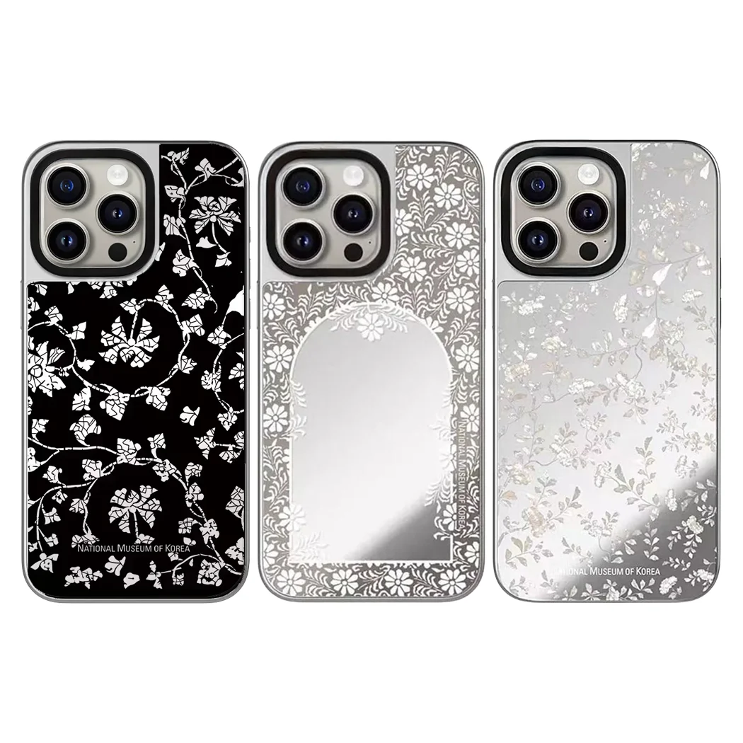 

Museum Flower Mirror Surface Silver Borber Magnetic Phone Case Cover for IPhone 12 13 14 15 16 17 Pro Max Case for IPhone 17 Air