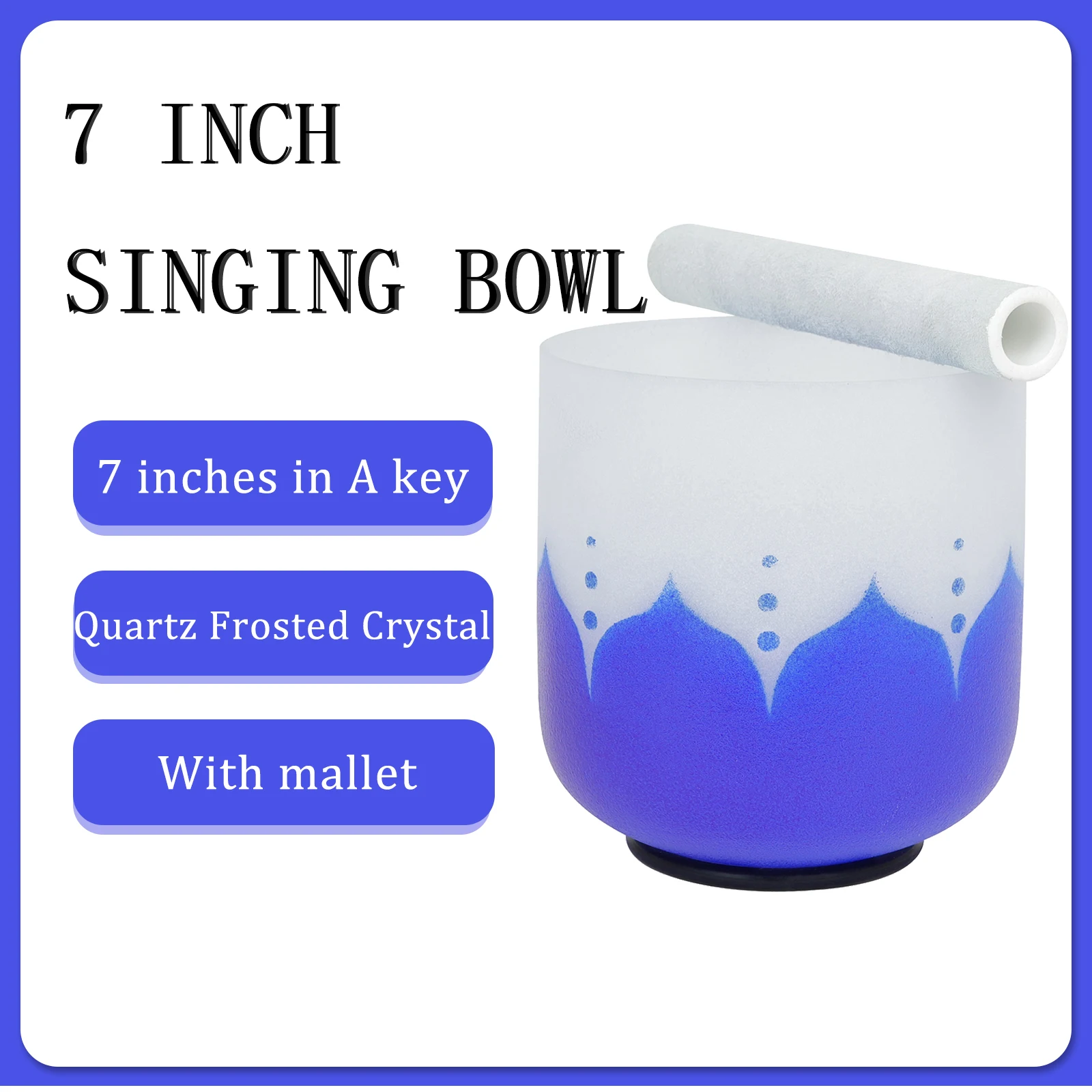 Cuenco para cantar con llave A de 7 pulgadas, cuenco para música, cuenco para cantar de cristal de cuarzo mate, anillo de goma azul, mazo gratis, instrumento de percusión