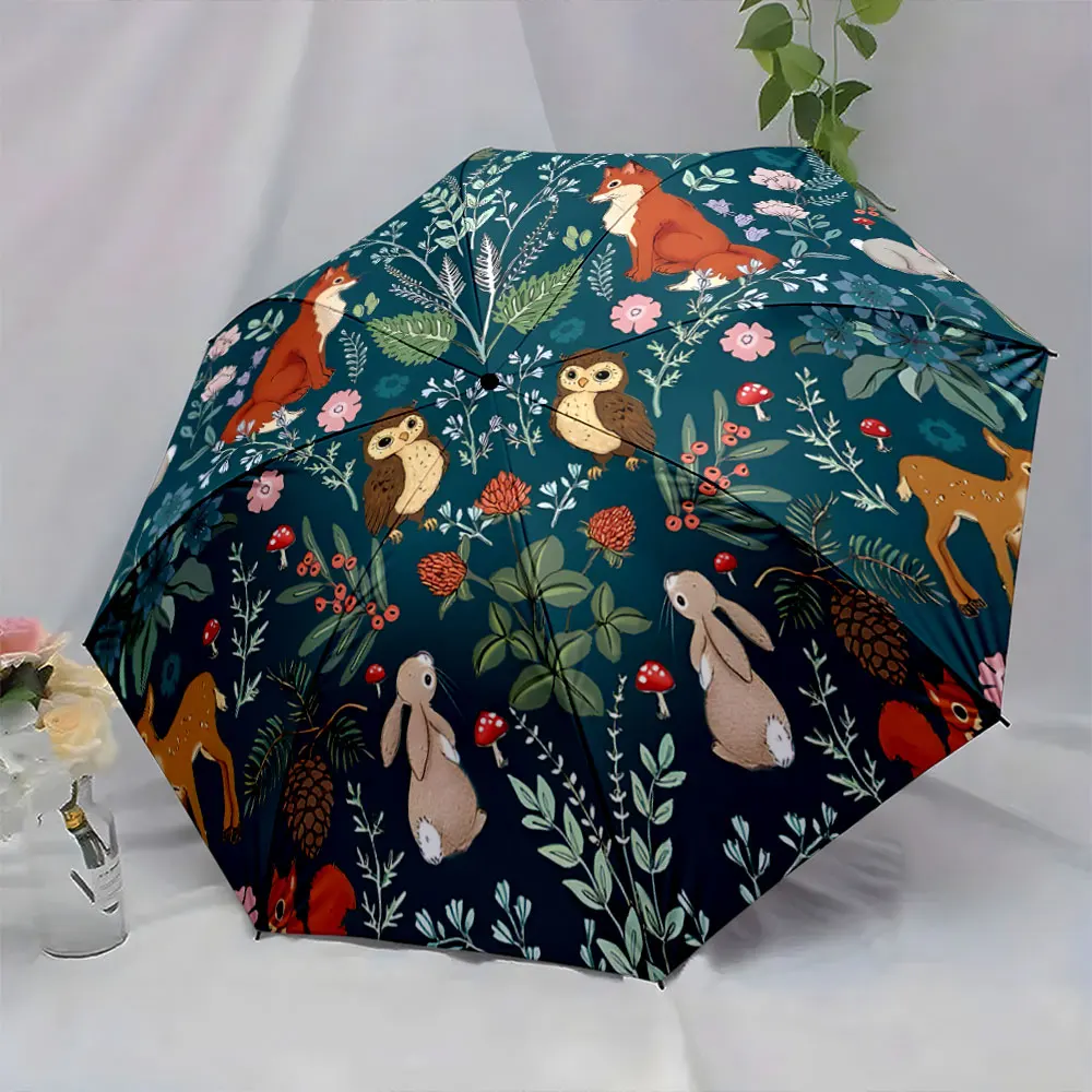 1PC Nature-Themed Umbrella with Forest Animals and Plants Print 8 Iron Ribs Folding Umbrella Auto-Open Fashion Sunshade