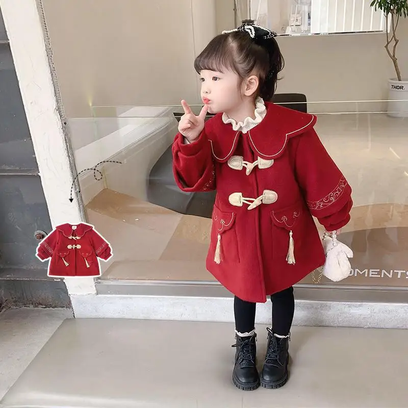 

Hanfu, Girls' New Year's Clothing, Children's Winter Red Festive Baby Tang Suit Jacket, One Year Old Dress, Thickened Tops Mid