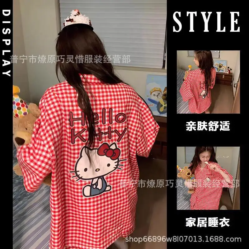 

Кардиган Sanrio Hello Kitty с длинными рукавами, шорты, пижамный комплект, хлопковая домашняя одежда для девочек-подростков, новинка лета, с мультяшным принтом
