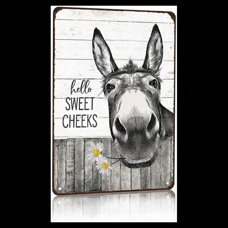 KDLY Vintage Donkey with Sunflowers Hello Sweet Cheeks Funny Tin Sign  Retro Metal Wall Decor for Home Farm Toilet Restroom W