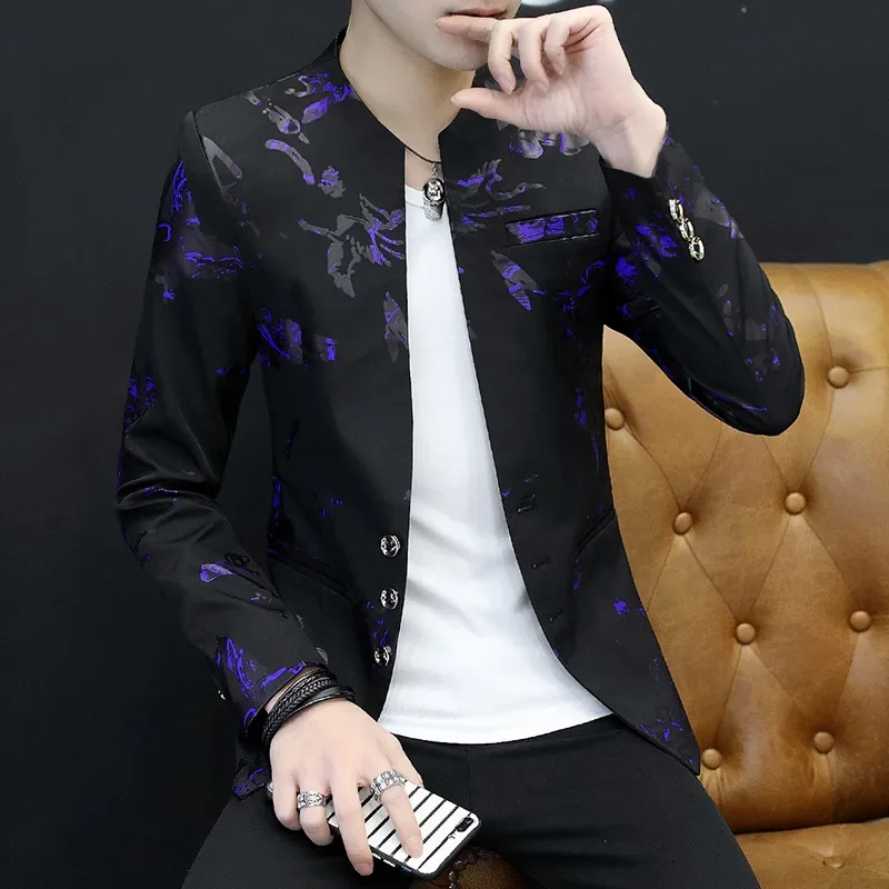 HOO 2024 Men\'s Spring New Fashion Printed Stand Collar Suit Slim Youth Leisure blazer