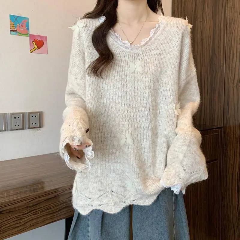 Menina renda borda camisola princesa moda lazer mangas compridas solto de malha anti envelhecimento versátil primavera outono roupas fora