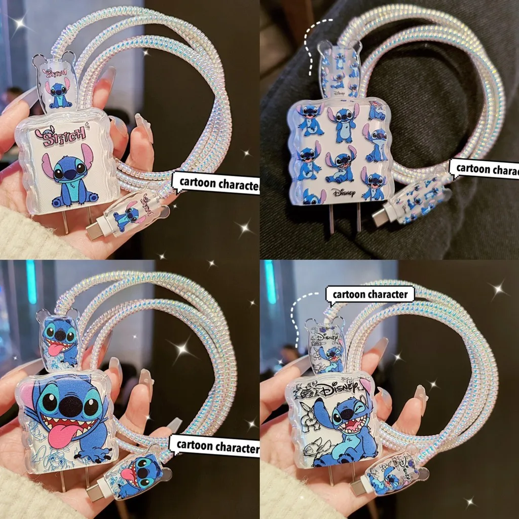 5Pcs/set Cartoon Stitch Charging Data Cable Protector Winder Accessories for IPhone 18w/20w Charger Protective Shell Case