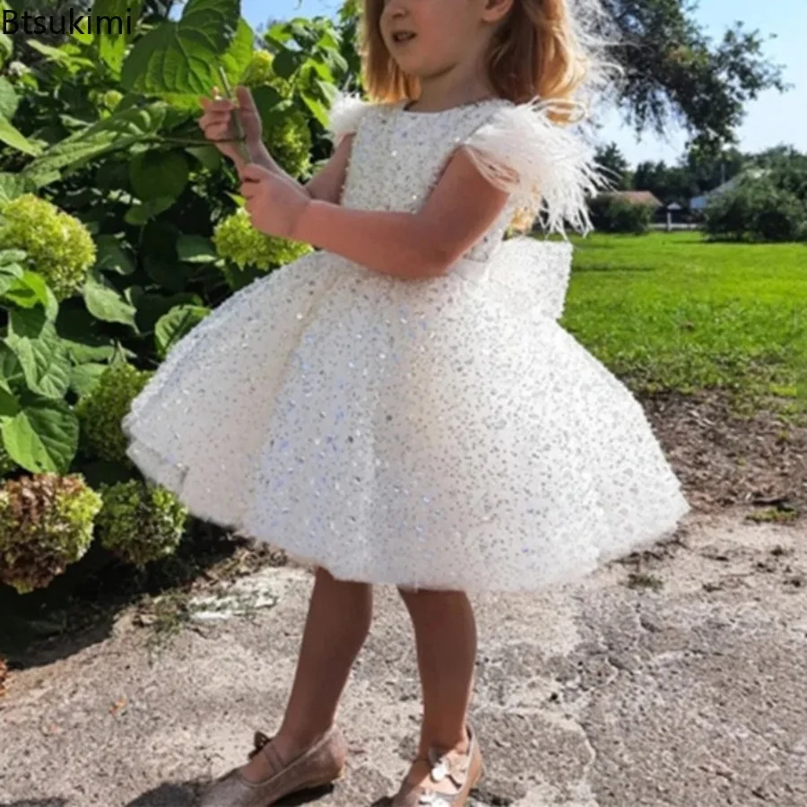 2026 Baby Girls' Dresses Children's White Glitter Feather Sequins Baby Princess Tutu Dress Birthday Party Children's Clothing view 4