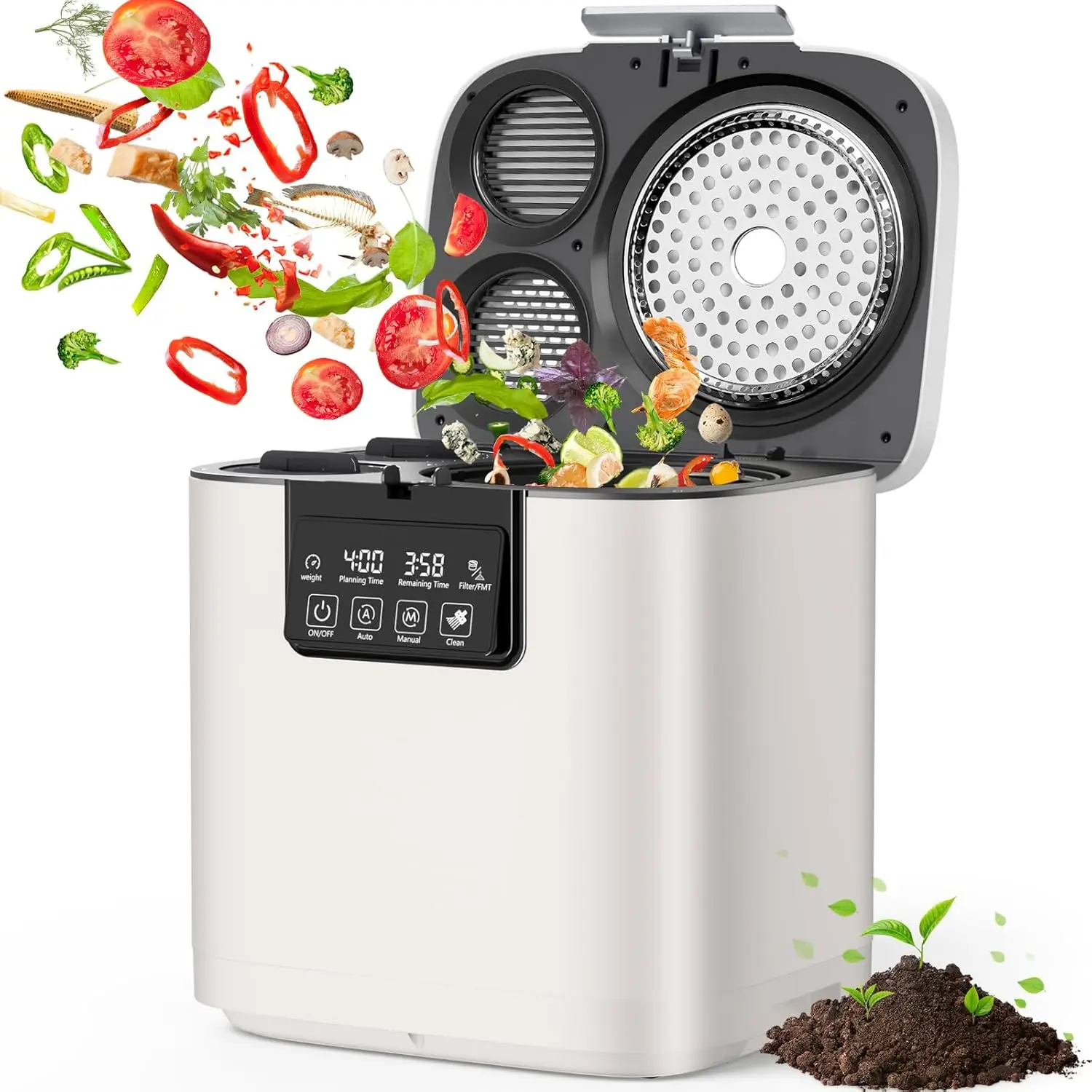 4L Large Capacity Smart Indoor Compost Bin with Timer Display, 2 Detachable Carbon Filter, Compost M