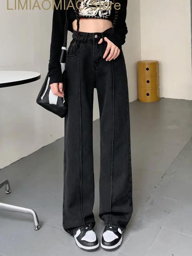 New Winter Black Vintage Jeans Women High Waist Casual Wide Leg Pants Female Streetwear Chic Straight Denim Trousers