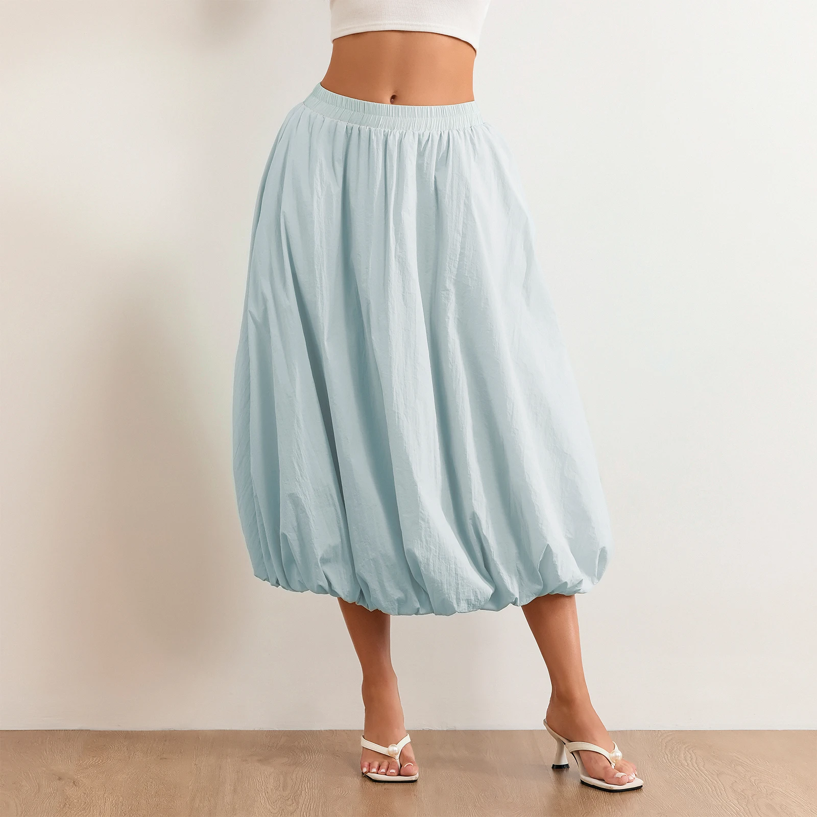 Women Balloon Long Skirts Elegant High Waist Solid Color A-Line Skirts Casual Flowy Skirts