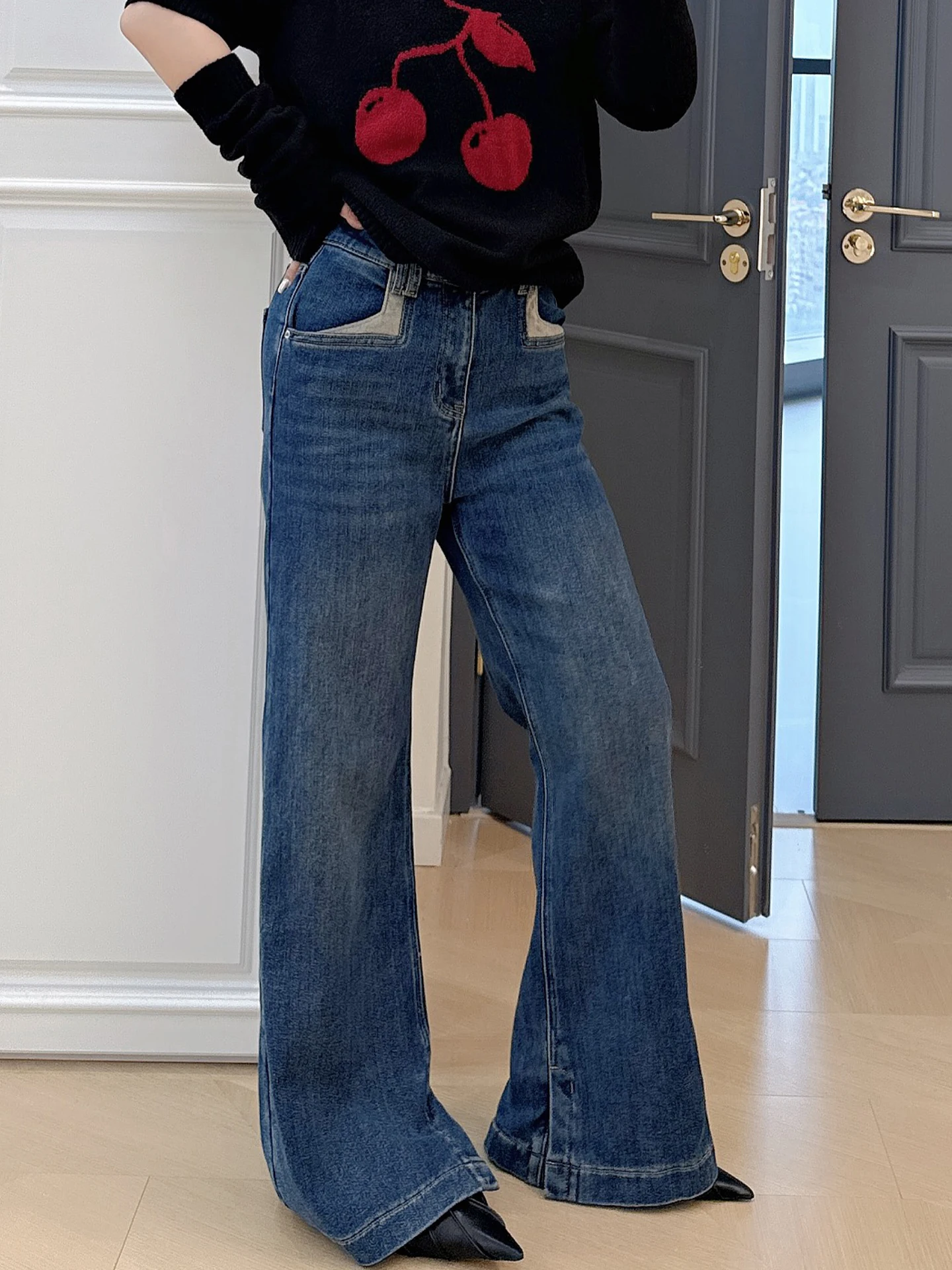 

Джинсы с высокой талией, на флисовой подкладке, микро-клеш, больших размеров, женские, модные, утягивающие, с разрезами, для фигуры типа «груша», большие размеры