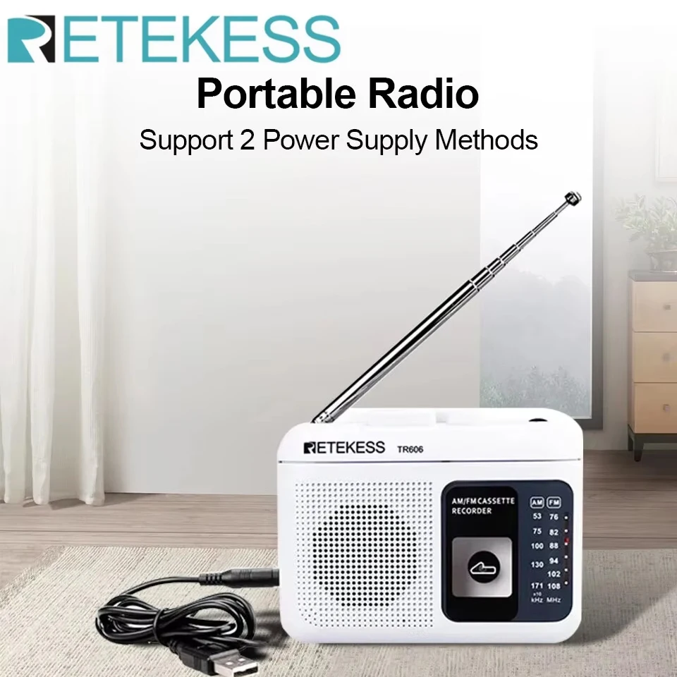 Retekess TR606 Radio FM AM Radio Cassette Playback Portable Radios FM AM Recording 3.5mm Earphone MIC Jack 2 Power Supply Method