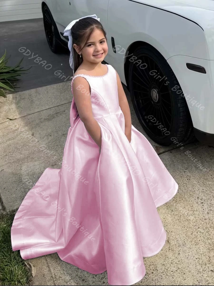 Vestido de princesa personalizado para niñas, vestido de flores con espalda abierta y perlas con lazo/tren, vestido largo de fiesta de boda y comunión para niños