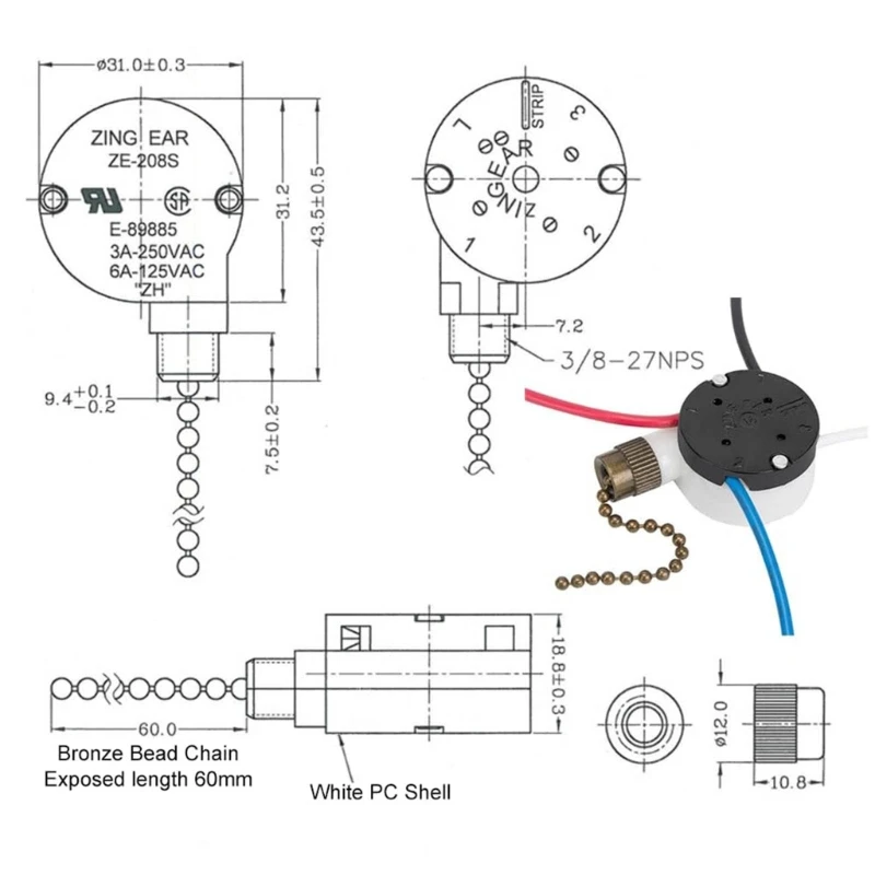 Reliable Ceiling Fan Switchs 3 Speed 4 Wire ZE-208s Zings Ear Fan Pull Chain Switchs with 4 Pre-Installed Wires for Office House