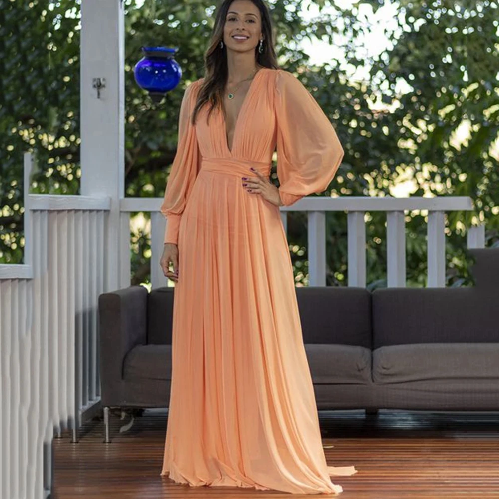 Angelsbridep Chiffon Deep V-Neck Long Sleeves A-Line Bridesmaid Dresses Maid Of Honor Dresses For Weddings Gowns
