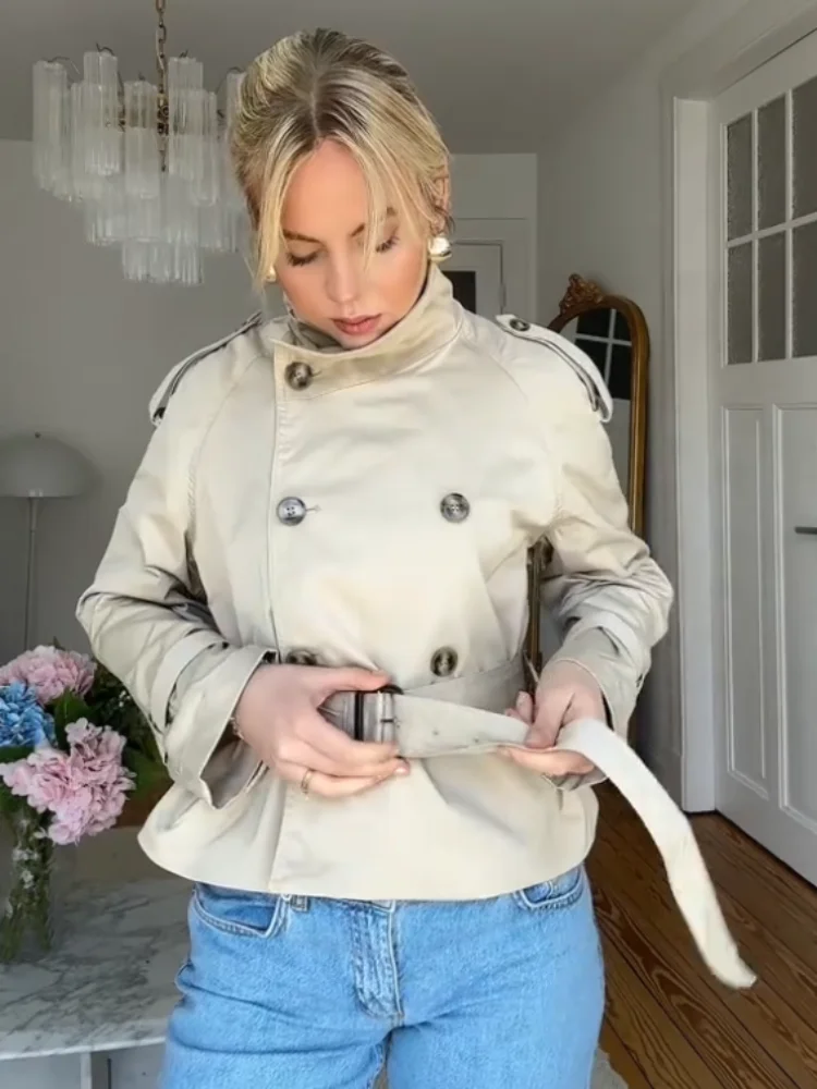 معطف نسائي أنيق بأكمام واسعة وياقة واقفة سترة نسائية واحدة الصدر بأكمام طويلة معاطف ربيعية للسيدات لعام 2025