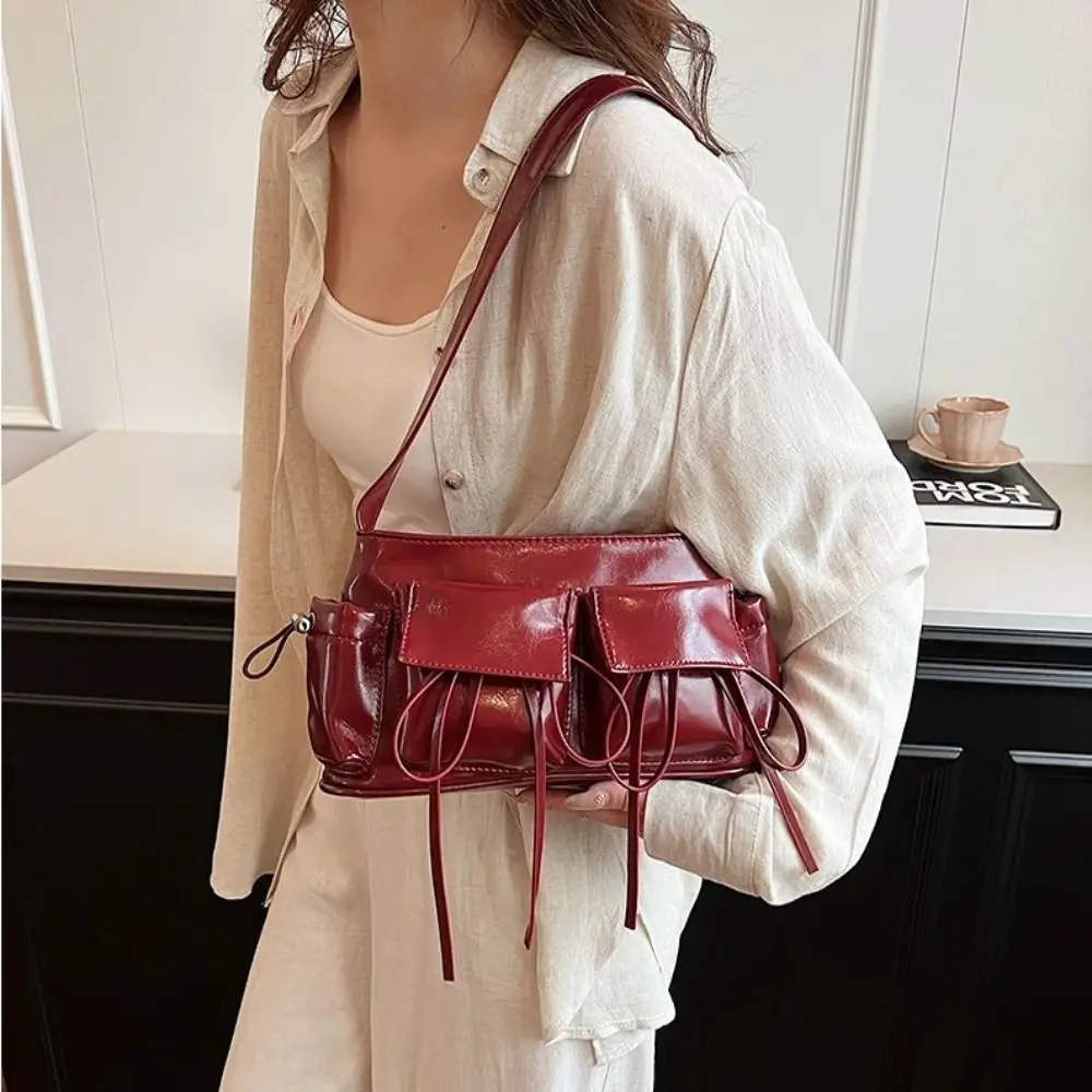 

Double Pockets Design Vintage Shoulder Bags High Quality French Gentle Underarm Bag Commuting Silver PU Leather Totes Bags Girls