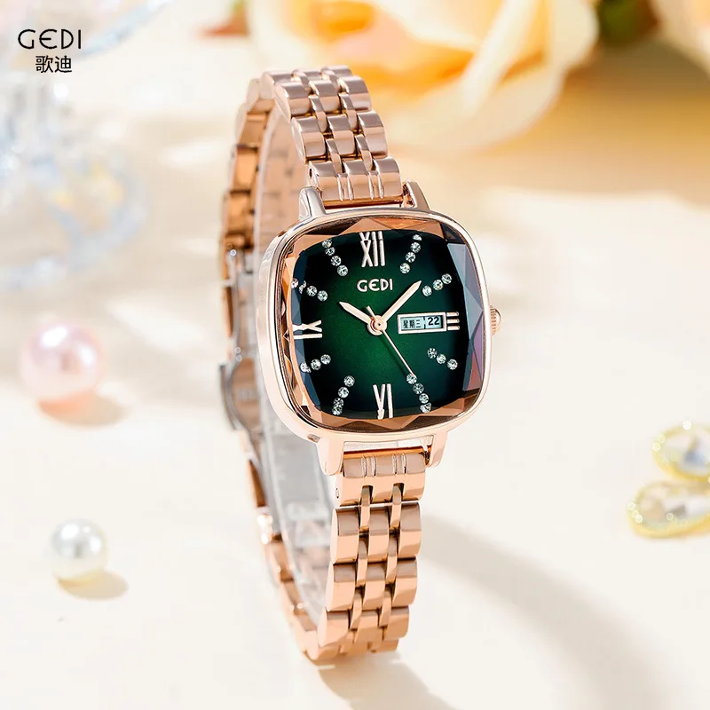 

2022 Fashion Calendar Steel Band Week Watch Ladies Small Square Green Quartz Waterproof Chic Business Watch Relogio Feminino