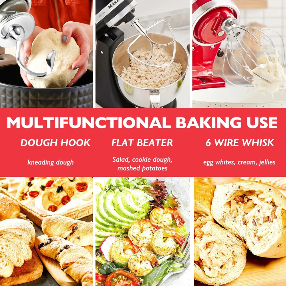 Stainless Steel Accessories for KitchenAid 4.5-5 Qt Tilt Head Stand Mixer, Includes 6 Wire Whisk, Flat Beater, Dough Hook - view 6