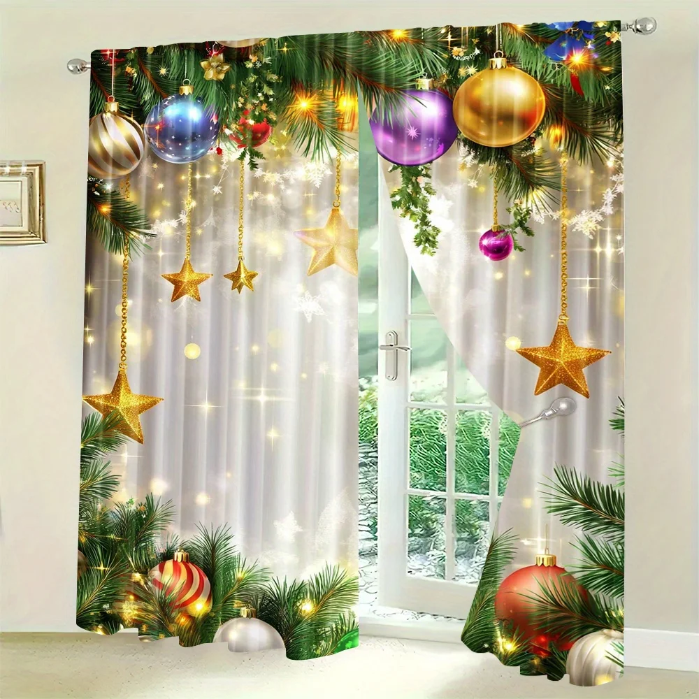 

2pcs Set Christmas-Themed Curtains - Digital Print Rod Pocket Design Polyester Perfect for Living Room Kitchen Bedroom Windows