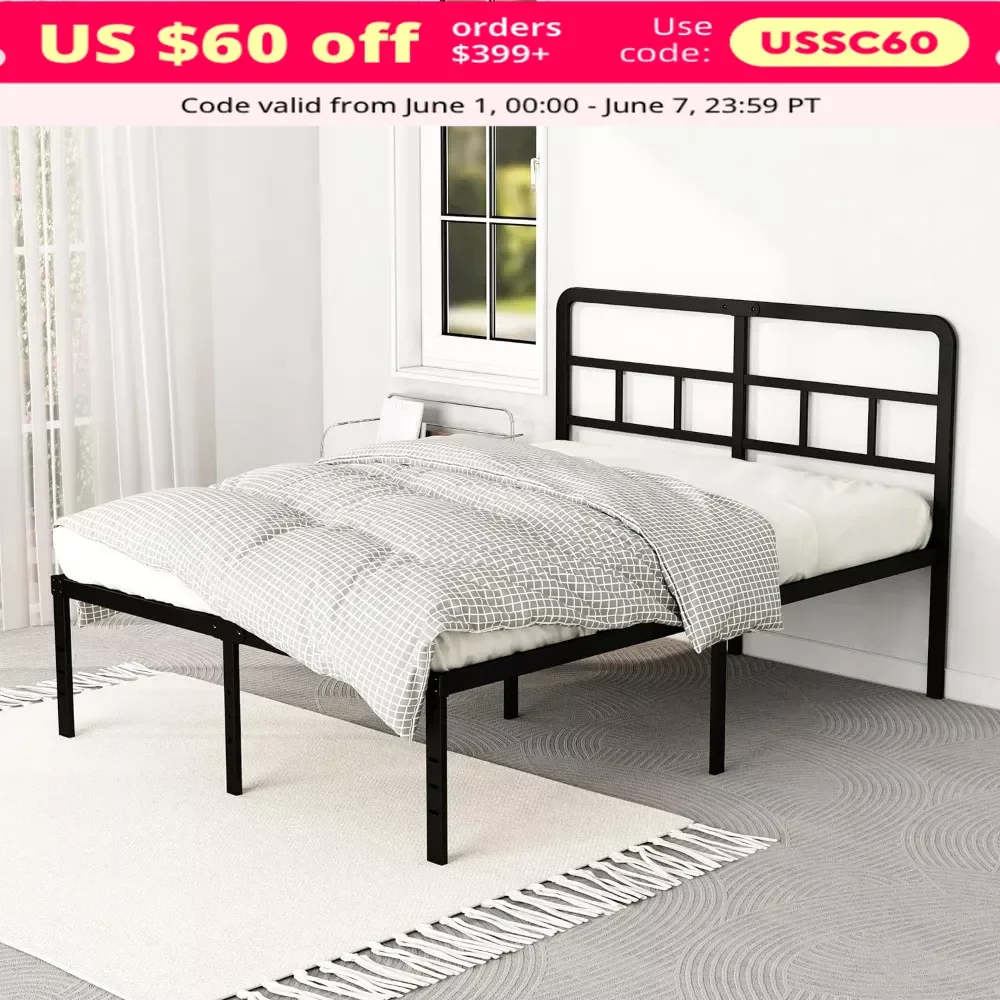 Queen Bed Frame, 18 Inch Queen Bed Frame with Headboard No Box Spring Needed, Heavy Duty Metal Platform, Black, Bed Frame